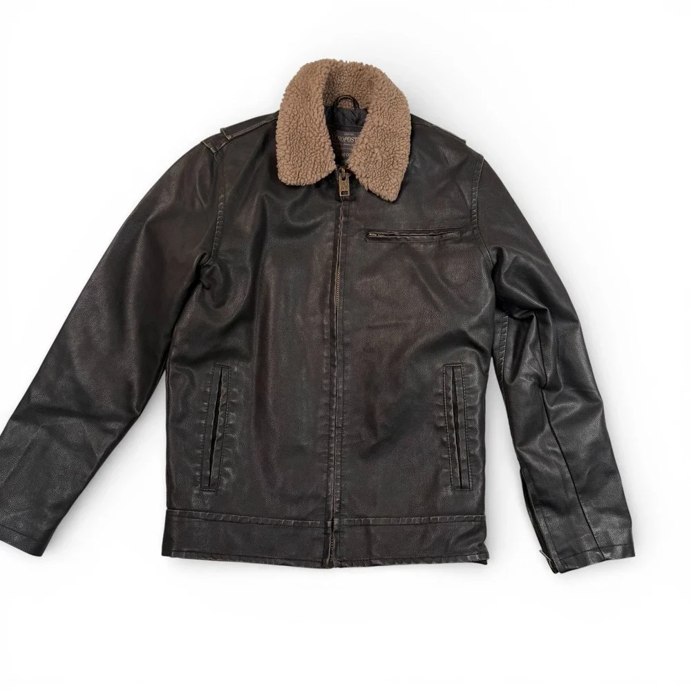 Aeropostale Faux Vegan Leather Jacket Sherpa Collar Brown Mens Small Bomber‎